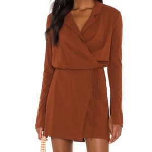 FREE PEOPLE Helena Wrap Long Sleeve Mini Tie Waist Brown Dress  Women XL REVOLVE